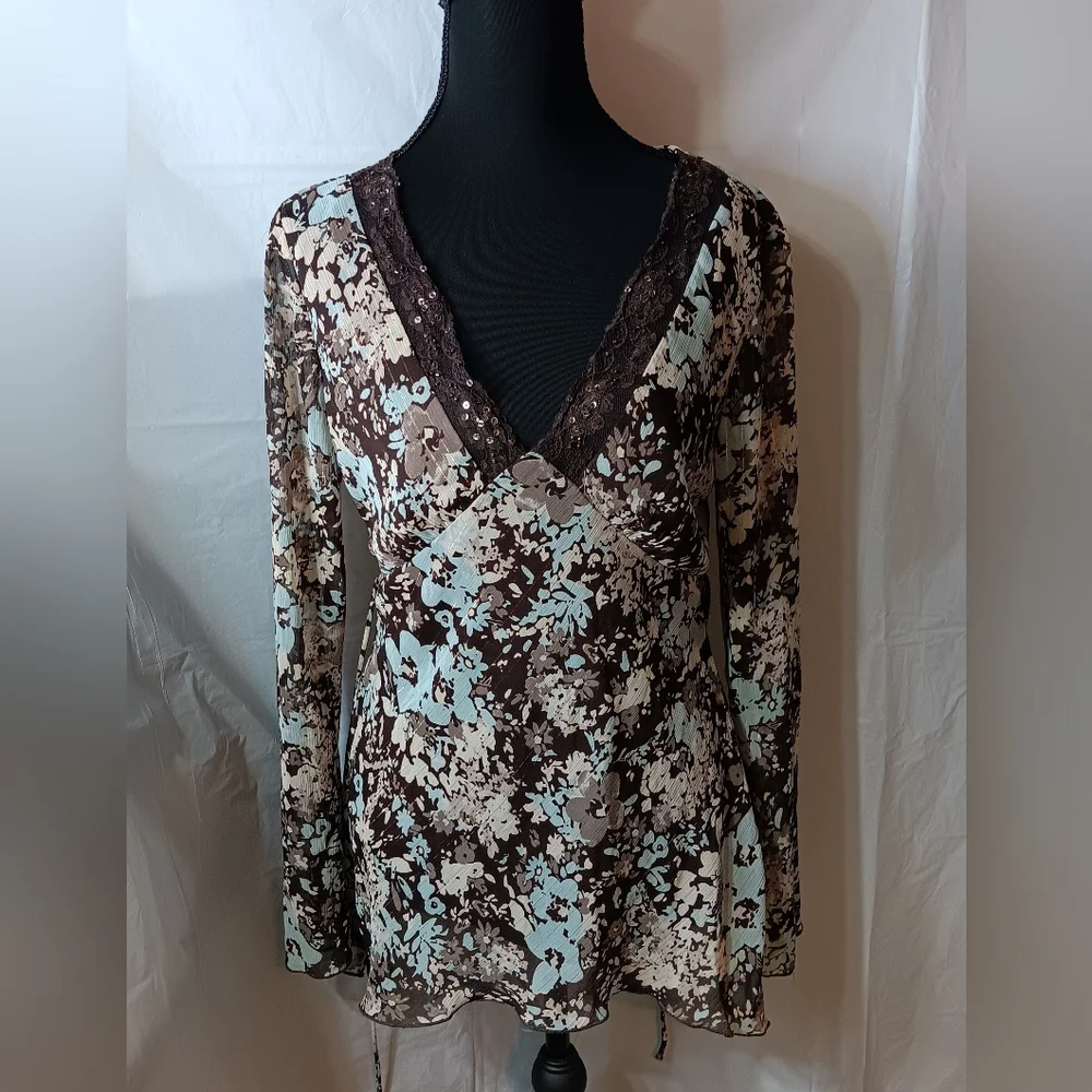 Tailor B. Moss Women's M Brown & Teal Floral Babydoll Style Long-Sleeve Top - Picture 1 of 8